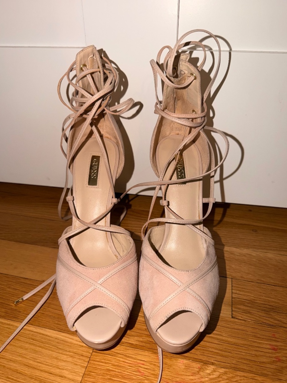Women's Guess Raja suede Lace-Up Peep Toe Heels in Nude